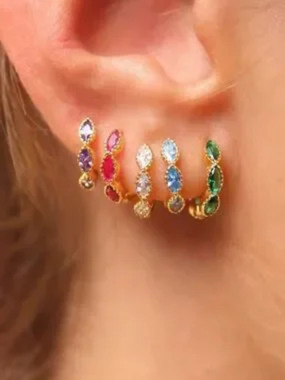 2pcs Zircon Round Circle Piercing Earrings Huggies blue green